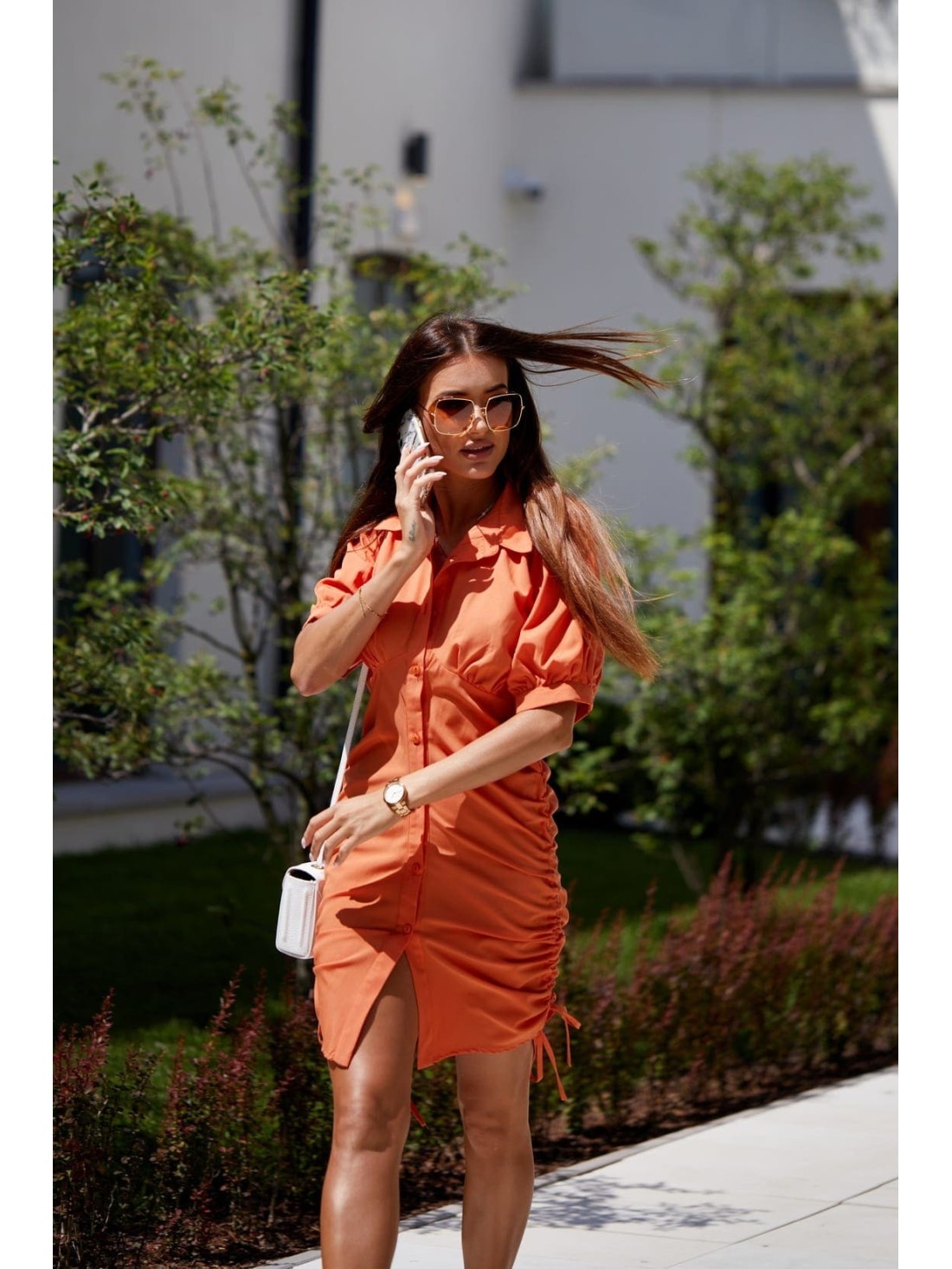 Orange shirt dress with ruffles on the sides FG649 - Online store - Boutique